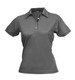 A grey ladies' polo shirt featuring a collar and three buttons, with a logo on the upper area.