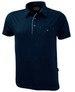 A navy blue polo shirt with a collar, short sleeves, and a small pocket, featuring branding on the label.