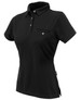 A black ladies' polo shirt with a collar, featuring a small chest pocket and a brand logo.