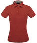 A red ladies' polo shirt featuring a collar and three buttons, designed with a logo.