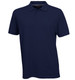 A navy blue men's polo shirt featuring a collar and short sleeves, with a logo on the side.
