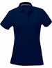 A navy blue ladies' polo shirt with a collared neckline and buttons, featuring a logo.