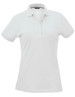A white ladies' polo shirt with a collar and three buttons, featuring a logo on the chest.