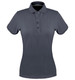 A ladies' polo shirt in a dark grey colour, featuring a collar and button placket, with a logo.