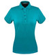 A teal polo shirt for women featuring a collared neckline and four-button placket. The shirt has a logo on it.