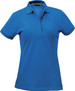 A blue ladies' polo shirt with a collared neckline and three-button placket, featuring a logo on the chest.