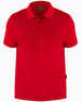 A red polo shirt with a classic collar and button placket, featuring a logo on the side.