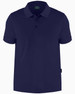 A navy blue polo shirt with a collar, short sleeves, and a logo on the chest.