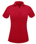 A red ladies' polo shirt featuring a collared neck and a button placket. Includes short sleeves and a subtle branding logo.