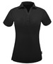 A black ladies' polo shirt featuring short sleeves, a collar, and a button placket. The shirt has a logo.
