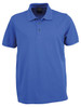 A blue men's polo shirt with a collar, featuring three buttons and short sleeves. It has a logo on the chest area.