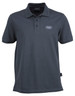 A dark grey polo shirt with a collar and a logo on the front. Classic design for casual wear.