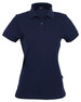 A navy blue ladies' polo shirt featuring a collar, short sleeves, and a button placket. It has a logo on the side.