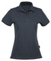 A dark grey women's polo shirt featuring a collar and short sleeves, with a logo on the side.
