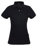 A black ladies' polo shirt with a collar and button placket, featuring a logo on the side.