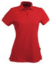 A red ladies' polo shirt featuring a collared neckline and short sleeves, with a branding logo.