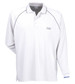 A white long-sleeve polo shirt with a branded logo and contrasting stitching details.