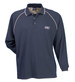 A navy long-sleeve polo shirt with a contrasting collar and a logo on the chest.