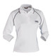 A white long-sleeve polo shirt for ladies with contrasting trim and a logo on the chest.
