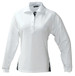 A long-sleeved ladies' polo shirt in white with a dark side panel and a collar, featuring a logo.