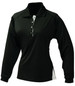 A long-sleeve ladies polo shirt in black with a white accent and a button-up collar. It features a logo.