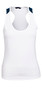 A ladies' sports singlet in white with navy shoulder accents and a branding logo on the neckline.