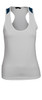 A ladies' sports singlet in white with blue accent straps, featuring a fitted design and a logo.