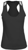 A black ladies' sports singlet featuring a racerback design and reflective accents on the shoulders.