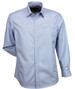 A light blue button-up shirt with long sleeves, featuring a chest pocket and a logo on the label.