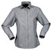 A grey button-up shirt with long sleeves and a classic collar, featuring a logo on the fabric.