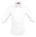 A white 3/4 sleeve button-up shirt featuring a fitted design and a collar, with a logo on the label.