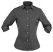 A dark grey button-up shirt with 3/4 sleeves and a fitted design. It features a collar and a logo.