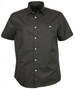 A short-sleeved button-up shirt in charcoal grey with a single chest pocket and a logo.