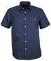 A short-sleeved men's button-up shirt in navy blue with a front pocket and a logo.