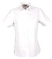 A white short-sleeved button-up shirt for ladies, featuring a collar and a logo.
