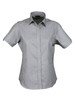 A light grey short-sleeve button-up shirt with a collar and a logo on the front.