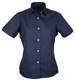 A navy blue button-up shirt with short sleeves and a collar, featuring a front button placket and logo.