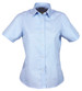 A light blue short-sleeve button-up shirt for ladies with a collar and a branded logo.