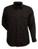 A black long-sleeve button-up shirt with two chest pockets and a logo on the collar.