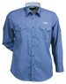 A long-sleeved button-up shirt in light blue with two chest pockets and a logo.