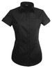 A black short sleeve ladies' shirt with a collar, front buttons, and a single pocket. It features a logo on the sleeve.
