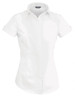 A short-sleeved, white ladies' shirt with a fitted design and a collar, featuring a logo.