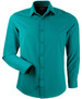 A men's long-sleeve button-up shirt in a vibrant teal colour, featuring a collar and a logo.