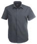 A short-sleeve, button-up men's shirt in dark grey, featuring a collar and a logo on the label.