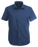 A navy blue short-sleeved button-up shirt with a pointed collar and logo.