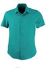 A short-sleeved button-up shirt in teal with a basic collar and a logo.