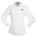 A white button-up shirt for ladies with long sleeves and a logo on the chest.