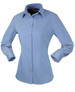 A light blue long-sleeve button-up shirt for ladies with a collar and a fitted silhouette. It features a logo.