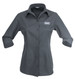 A grey button-up shirt with a branded logo and 3/4 sleeves, featuring a classic collar and button details.