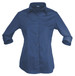A navy blue button-up shirt with a pointed collar and rolled-up sleeves, featuring a logo.